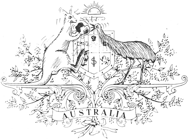 A parody of the Australian Coat of Arms with the emu and kangaroo fighting
