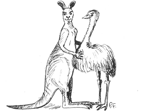 A Kangaroo and Emu embracing